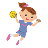 Clipart of white girl with brown hair in a pony tail, a pink bow, blue gym short set and a yellow borden ball in her hand