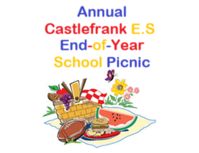 Image of a picnic blanked and basked with fruit and a hamburger and a football and flowers. Text in school colours blue, red, and yellow