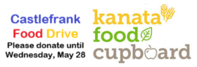 Text in blue red and yellow Castlefrank Food Drive text in black Please donate until Wednesday, May 28 text in yellow green and tan Kanata Food Cupboard with a wheat, leaf and apple icon
