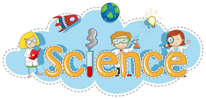 Clipart of the word science in yellow text, the letter i is a test tube with red liquid and smoking. There are three scientists around the text along with a rocket, the planet earth and a lightbulb