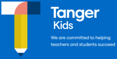 Tanger kids logo, Capital T stylized with a pencil for the stem of the T. Tanger kids text in white against a blue background. Text reads Tanger Kids We are committed to helping teachers and students succeed.