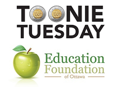 Above - Toonie Tuesday logo, large black bold text with toonies as the Os. Below - Education Foundation logo, 3 different green texts with a green apple image